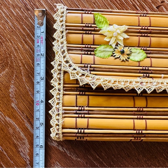 Vintage Clutch Womens Bamboo Flap Handbag Purse Tan Lace Embellished Summer Boho - Picture 7 of 9